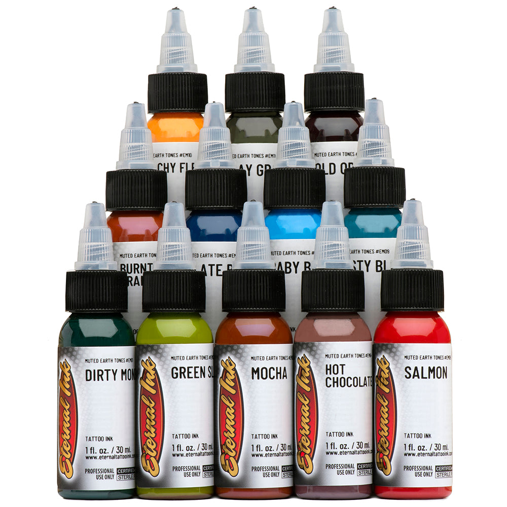 Eternal 12 Muted Earth Tone Color Tattoo Ink Set (1 Oz) Eternal 12 Muted Earth Tone Color Tattoo Ink Set (1 Oz)