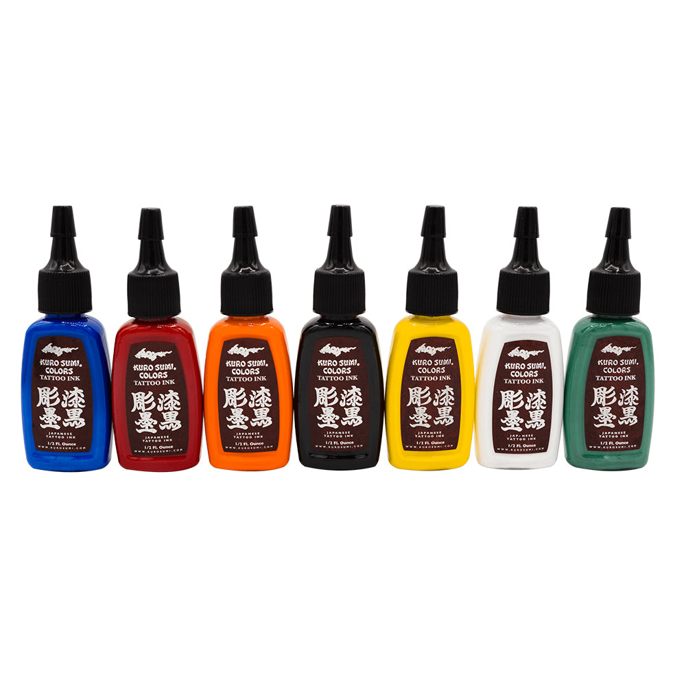 Kuro Sumi Colors Tattoo Ink - Master Set of 7 Best Sellers 1/2 oz